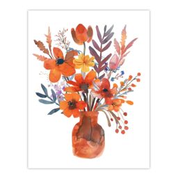 "Artery8 Bright Autumnal Flower Bouquet Vase Watercolour Wall Art Print in Orange - Size: W24"" x H32""" - thumbnail 1