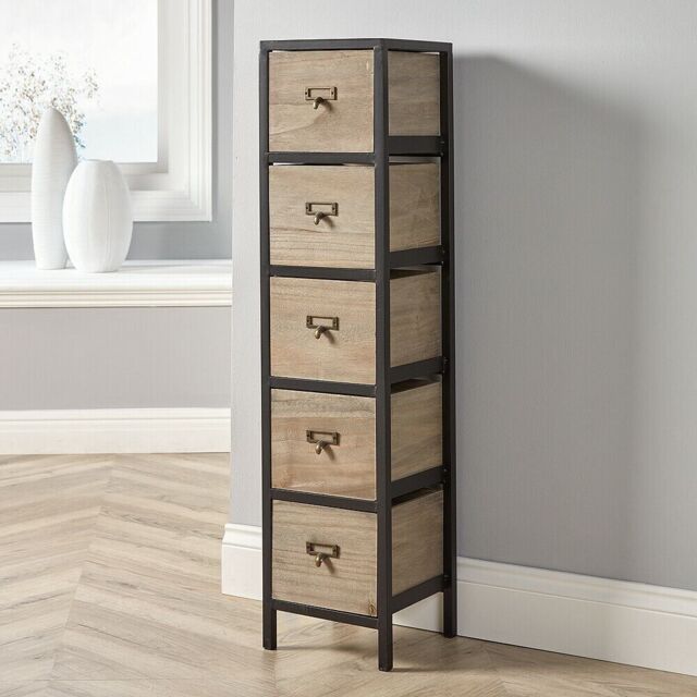 Home Source Chest 5 Drawers Tall Storage Unit Rustic Metal Legs Fully Assembled in Natural - image 1
