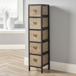 Home Source Chest 5 Drawers Tall Storage Unit Rustic Metal Legs Fully Assembled in Natural