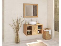 Vente-unique Suspended Teak Bathroom Vanity Unit With Round Ceramic Countertop in Light Oak - thumbnail 3