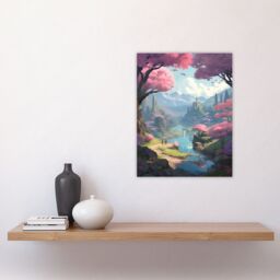 Artery8 Wall Art Print Cherry Blossoms by River Bright Painting Springtime Blooming Pink Trees in Coastal Fishing Village Landscape Poster - thumbnail 4