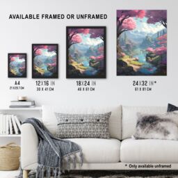 Artery8 Wall Art Print Cherry Blossoms by River Bright Painting Springtime Blooming Pink Trees in Coastal Fishing Village Landscape Poster - thumbnail 3