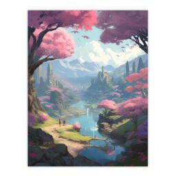 Artery8 Wall Art Print Cherry Blossoms by River Bright Painting Springtime Blooming Pink Trees in Coastal Fishing Village Landscape Poster - thumbnail 1
