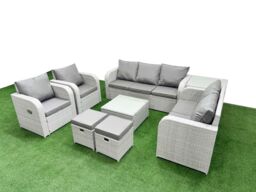 Fimous PE Rattan Garden Furniture Set Adjustable Chair Sofa Double Love Seat 2 Seater Sofa Lounge Set Square Coffee Table 2 Stools Side Table Light - thumbnail 1