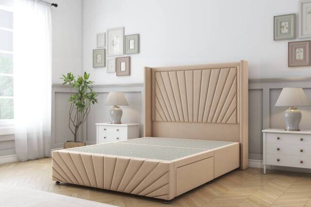 "Sloomy Rutherford Plush Divan Base 2 Drawers-54"" Wing Headboard-Footboard in Stone - Size: Double" - image 1
