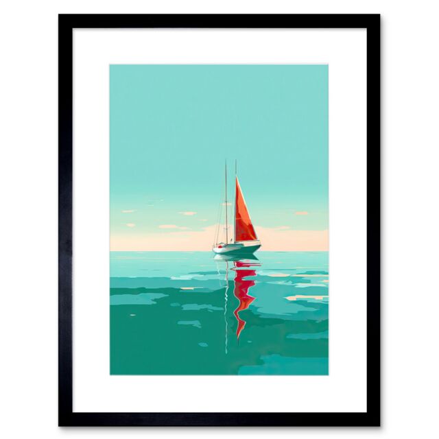 "Artery8 Wall Art Print A Sailboat with a Red Sail Sailing on a Calm Sea Artwork Framed 9X7 Inch in Black - Size: W7"" x H9""" - image 1