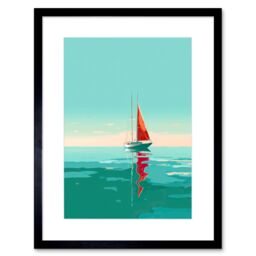 "Artery8 Wall Art Print A Sailboat with a Red Sail Sailing on a Calm Sea Artwork Framed 9X7 Inch in Black - Size: W7"" x H9""" - thumbnail 1