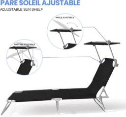 Alivio 5-Level Adjustable Folding Recliner Sun Lounger with Sunshade in Black - thumbnail 6
