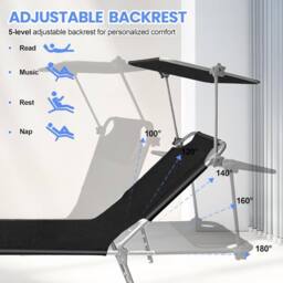 Alivio 5-Level Adjustable Folding Recliner Sun Lounger with Sunshade in Black - thumbnail 4
