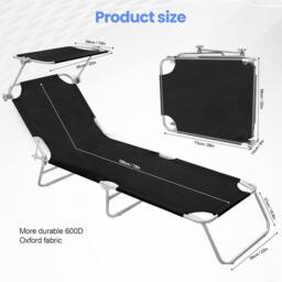Alivio 5-Level Adjustable Folding Recliner Sun Lounger with Sunshade in Black - thumbnail 7