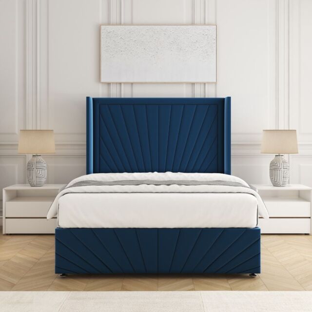 "BSSPOKE Nola Plush Velvet Divan Bed Set 54"" Headboard & Mattress No Drawers in Blue - Size: Super King" - image 1