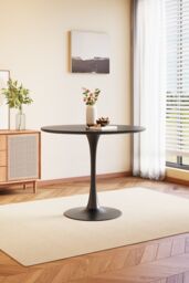 Living and Home Modern Metal Round Table MDF Top with Metal Base in Black