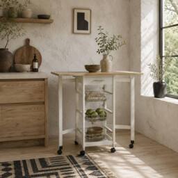 Wyld Haus Ziha Drop Leaf Kitchen Trolley Oak & White with Baskets & Wheels in Light Oak - thumbnail 1