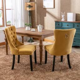 Modern Home Touch Romsey Set of 2 Velvet Upholstered Dining Chairs with Oak Legs & Knocker Ring Back in Yellow - Size: 2 Pack - thumbnail 2