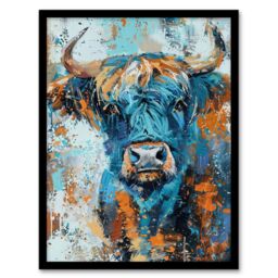 "Artery8 Blue Highland Cow Oil Painting Scottish Animal Framed Art Print - Size: W12"" x H16""" - thumbnail 1