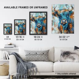 "Artery8 Blue Highland Cow Oil Painting Scottish Animal Framed Art Print - Size: W12"" x H16""" - thumbnail 3