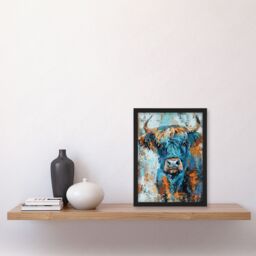 "Artery8 Blue Highland Cow Oil Painting Scottish Animal Framed Art Print - Size: W12"" x H16""" - thumbnail 4