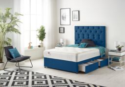 Somnior Premier Plush Velvet Sprung Memory Foam 4 Drawer Divan Bed Set with Upholstered Headboard in Navy - Size: Double