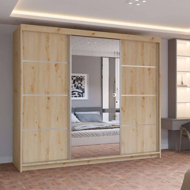 MN Furniture Pearl Contemporary 3 Door Wardrobe with Mirror Finish 250 cm x 217cm in Light Oak - image 1
