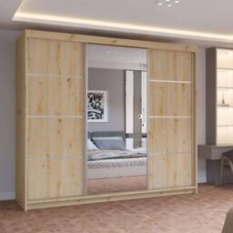 MN Furniture Pearl Contemporary 3 Door Wardrobe with Mirror Finish 250 cm x 217cm in Light Oak - thumbnail 1