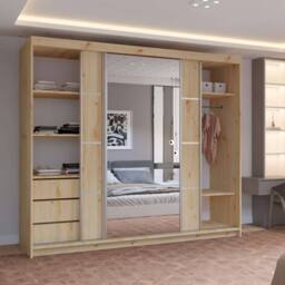 MN Furniture Pearl Contemporary 3 Door Wardrobe with Mirror Finish 250 cm x 217cm in Light Oak - thumbnail 3