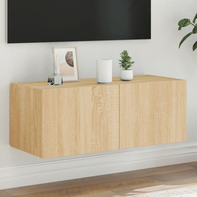 Berkfield Home TV Wall Cabinet with LED Lights Sonoma Oak 80x35x31 cm in Brown - Size: 80 x 35 x 31 cm - image 1