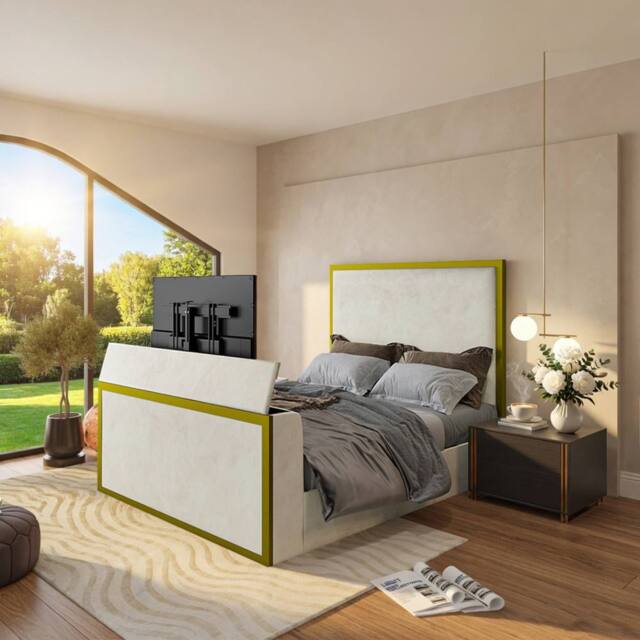 KDMD Adisham Upholstered Electric Media Gold & Cream White TV Bed Frame in Off-White - Size: Single - image 1