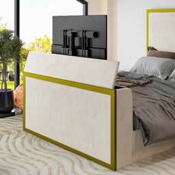 KDMD Adisham Upholstered Electric Media Gold & Cream White TV Bed Frame in Off-White - Size: Single - thumbnail 6