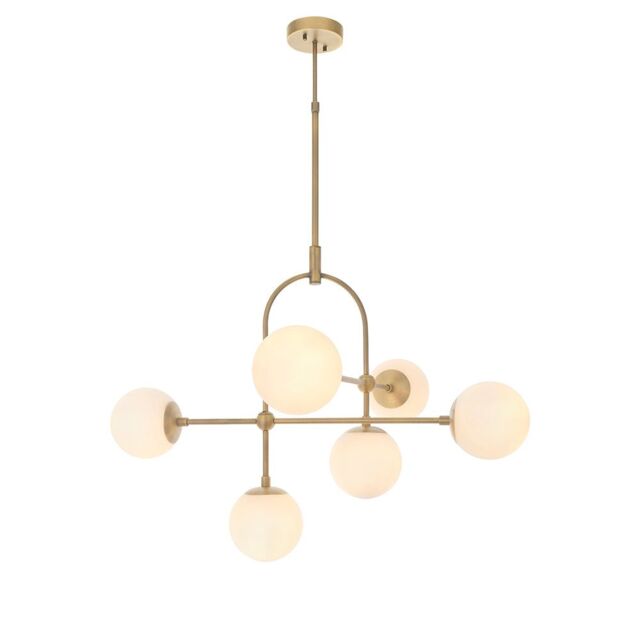 Loops Antique Brass Multi Arm Ceiling Light & Opal Glass Shade 6 Bulb Hanging Pendant in Clear - image 1
