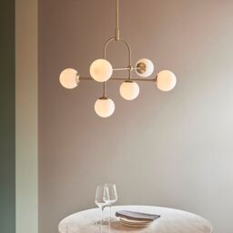 Loops Antique Brass Multi Arm Ceiling Light & Opal Glass Shade 6 Bulb Hanging Pendant in Clear - thumbnail 4