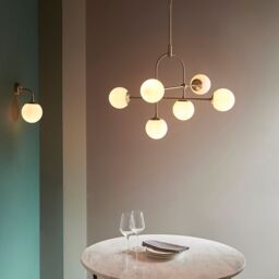 Loops Antique Brass Multi Arm Ceiling Light & Opal Glass Shade 6 Bulb Hanging Pendant in Clear - thumbnail 5
