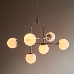 Loops Antique Brass Multi Arm Ceiling Light & Opal Glass Shade 6 Bulb Hanging Pendant in Clear - thumbnail 3