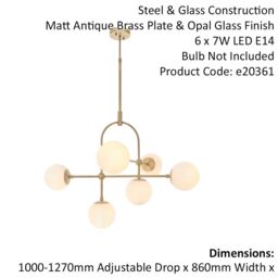 Loops Antique Brass Multi Arm Ceiling Light & Opal Glass Shade 6 Bulb Hanging Pendant in Clear - thumbnail 2