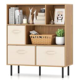 Gymax 3-Tier Bookcase Freestanding Storage Organizer 6-Cube Bookshelf in Light Khaki - thumbnail 2