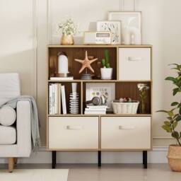 Gymax 3-Tier Bookcase Freestanding Storage Organizer 6-Cube Bookshelf in Light Khaki - thumbnail 8