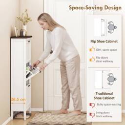 HOMCOM Shoe Cabinet with 3 Flip Drawers, Narrow Shoe Storage Cabinet, White - thumbnail 4