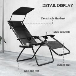 OUTSUNNY Zero Gravity Lounger Chair, Folding Reclining Patio Chair with Shade Cover in Black - Size: 1 Pack - thumbnail 5