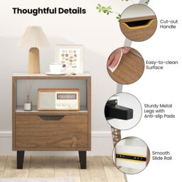 Costway Nightstand Mid Century Modern Bedside Table w/Drawer & storage Shelf in White - thumbnail 6