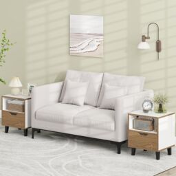 Costway Nightstand Mid Century Modern Bedside Table w/Drawer & storage Shelf in White - thumbnail 3