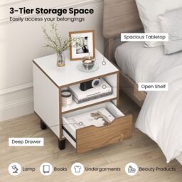 Costway Nightstand Mid Century Modern Bedside Table w/Drawer & storage Shelf in White - thumbnail 4