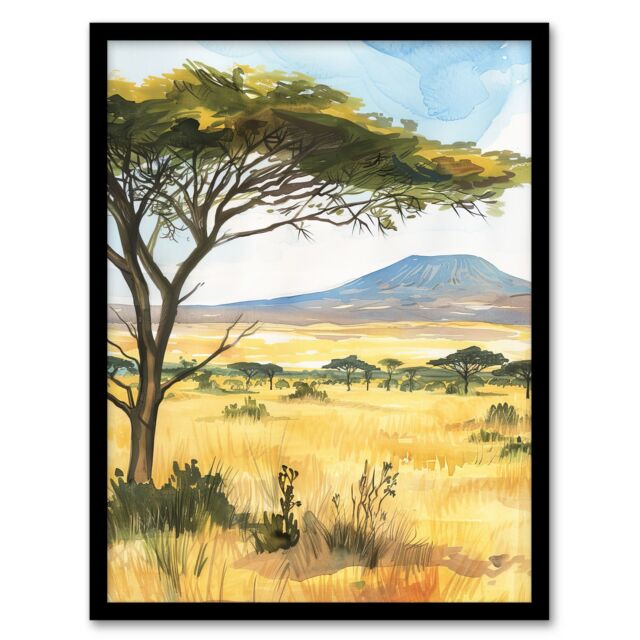 Artery8 Mount Kilimanjaro Savanna Tanzania Landscape Framed Wall Art in Green - Size: A4 - image 1