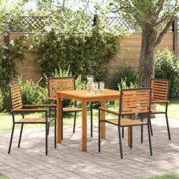 Berkfield Home Modern 5 Piece Garden Dining Set Black Poly Rattan Acacia - thumbnail 2