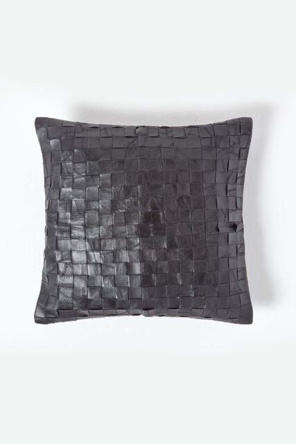 Homescapes Black Real Leather Basketweave Check Suede Cushion with Feather Filling - Size: 45 cm x 45 cm - image 1