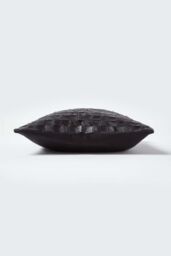 Homescapes Black Real Leather Basketweave Check Suede Cushion with Feather Filling - Size: 45 cm x 45 cm - thumbnail 2