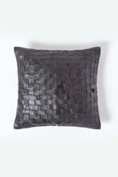 Homescapes Black Real Leather Basketweave Check Suede Cushion with Feather Filling - Size: 45 cm x 45 cm - thumbnail 1