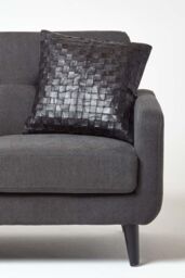 Homescapes Black Real Leather Basketweave Check Suede Cushion with Feather Filling - Size: 45 cm x 45 cm - thumbnail 4