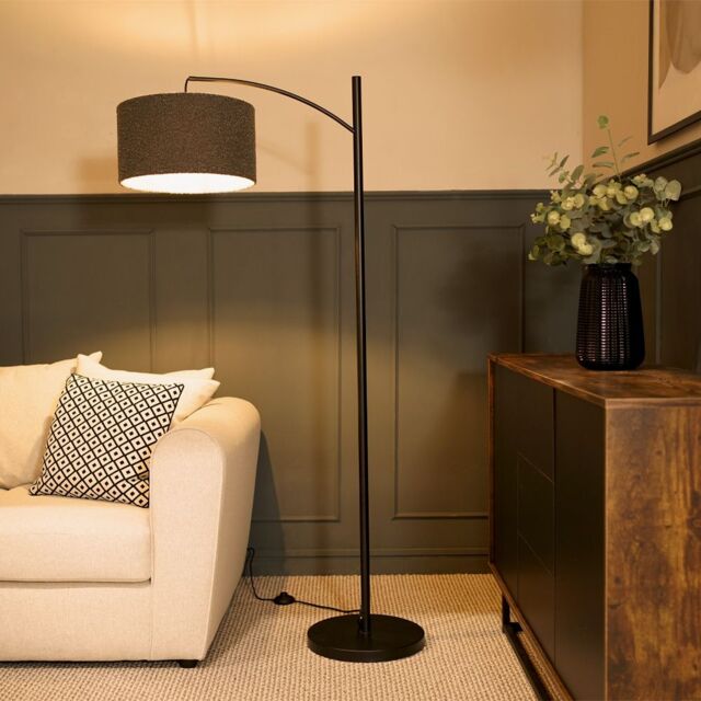ValueLights Preto Black Metal Curved Floor Lamp With Grey Boucle Shade - image 1