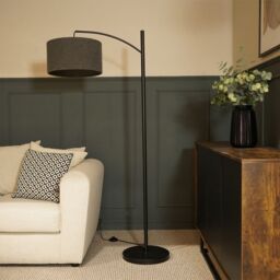 ValueLights Preto Black Metal Curved Floor Lamp With Grey Boucle Shade - thumbnail 3