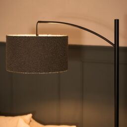 ValueLights Preto Black Metal Curved Floor Lamp With Grey Boucle Shade - thumbnail 5