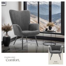 tectake Armchair Hygge - Wide Cord Anthracite/Black in Dark Grey - thumbnail 4